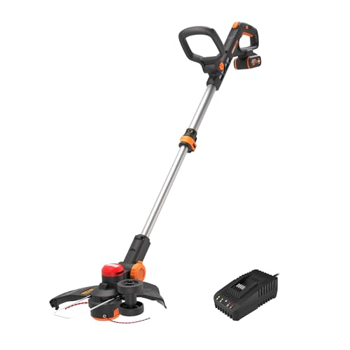 WORX Nitro WG173E Akku Rasentrimmer 20V - leistungsstarker bürstenloser Motor - 33 cm Schnittkreis - Nutzungskomfort Dank des Gummigriffs - inkl. 4Ah Akku & Schnellladegerät von WORX