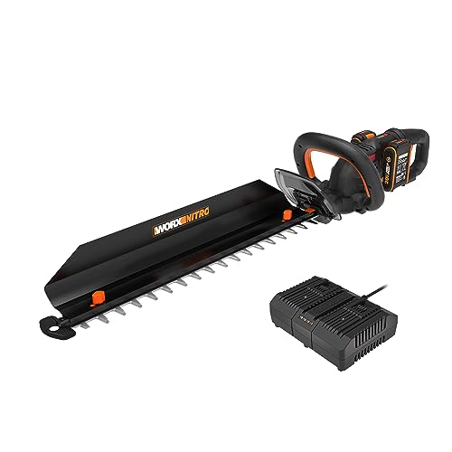 WORX Nitro WG286E.1 Heckenschere 40V, bürstenloser Motor, 58 cm Schnittbereich, max. 27 mm Schnittstärke, inkl. 2x2 Ah PowerShare Akku, Dual-Ladegerät & Schnittgutsammler von WORX