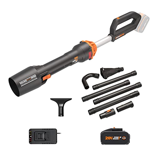 WORX Nitro WG543E.1 Profi Akku-Laubbläser 20V, bürstenloser Motor 2.0, Max. 209 km/h Luftgeschwindigkeit, 2 Geschwindigkeitsstufen, inkl. PowerShare 4,0Ah Akku, Ladegerät & GUTTERPRO-Dachrinnen-Kit von WORX