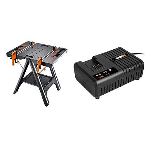WORX Pegasus WX051 Multifunktions-Arbeitstisch Mobile Werkbank & WA3867 Akku Ladestation – Akku Schnell-Ladegerät - universal für WORX PowerShare Akkus bis 6000mAh von WORX
