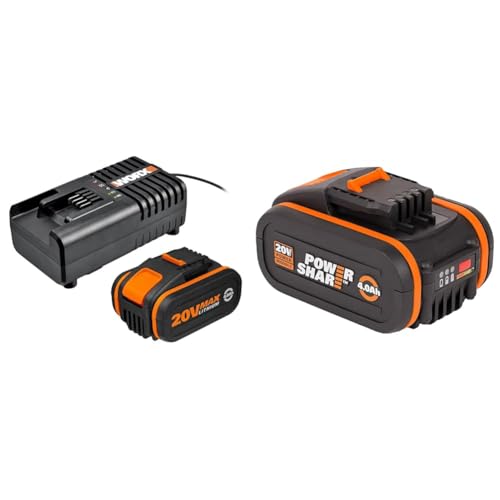 WORX WA3604 PowerShare Akku mit Akku Ladestation Set & WA3553 Akku 20V – Wiederaufladbarer, leistungsstarker Akku mit integrierter Ladestandanzeige für alle WORX Geräte – 4000 mAh von WORX