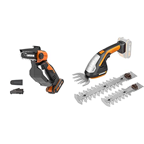 WORX WG324E Akku-Einhand-Astsäge 20V - 12cm Schwertlänge - mit Akku und Ladegerät & WG801E.9 20V Akku-Gras- und Strauchschere WG801E Inklusiv 3 verschiedene Messer, ohne Akku und Ladegerät von WORX