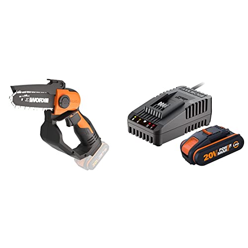 WORX WG324E.9 Akku-Einhand-Astsäge 20V - 12cm Schwertlänge - ohne Akku und Ladegerät & WA3601 PowerShare Akku mit Ladegerät Set - 20V 2000mAh Li-Ion Akkubatterie & Akku Ladestation von WORX