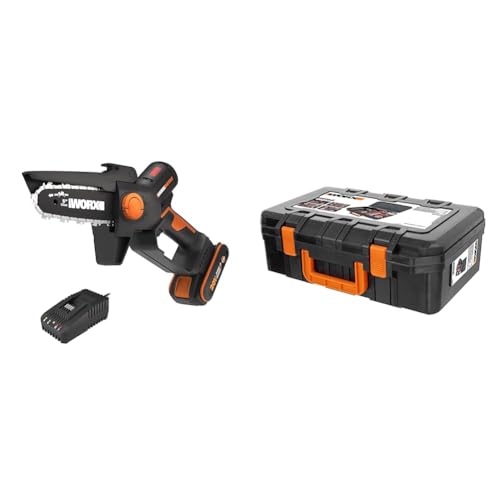 WORX WG325E NITRO Profi Mini Akku-Kettensäge 20V Einhand Ast-Säge starker Brushless Motor 12cm Schnittlänge leicht & Ladegerät & WA0071 Werkzeugkoffer aus robustem Kunststoff von WORX