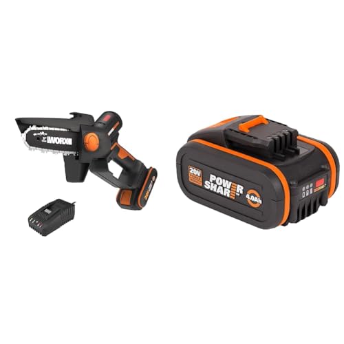 WORX WG325E NITRO Profi Mini Akku-Kettensäge 20V Einhand Ast-Säge starker Brushless Motor 12cm Schnittlänge leicht & Ladegerät & WA3553 Akku 20V – Wiederaufladbarer von WORX