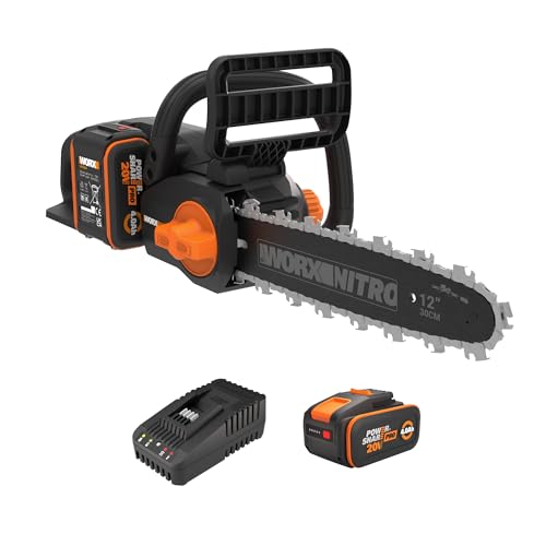 WORX WG350E Nitro Profi Akku Kettensäge 20V – leistungsstarke Holzsäge – 10m/s – 30cm Schnittlänge – kompakt & sicher – automatische Schmierung – einfache Ketten-Verspannung – mit 4Ah Akku & Ladegerät von WORX