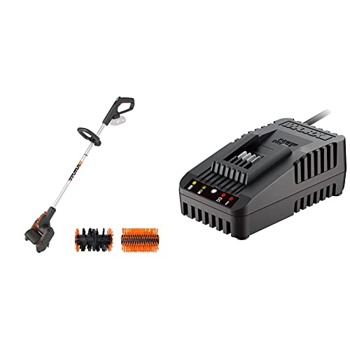 WORX WG441E.9 Akku-Multi-Bürste 20V -multifunktionale Oberflächenbürste für Stein-& Holfzflächenreinigung & Unkrautentfernung & WA3880 Akku Ladestation – Akku Schnell-Ladegerät von WORX