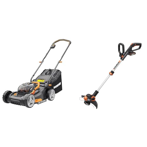 WORX WG743E Akku-Rasenmäher 40V & WG163E.1 20V Akku-Rasentrimmer –​​ Inkl. Li-Ion Akku, Ladestation, Spule, Sicherheitsschutz und Rad zum Kantenschneiden, 30 cm Schnittdurchmesser von WORX