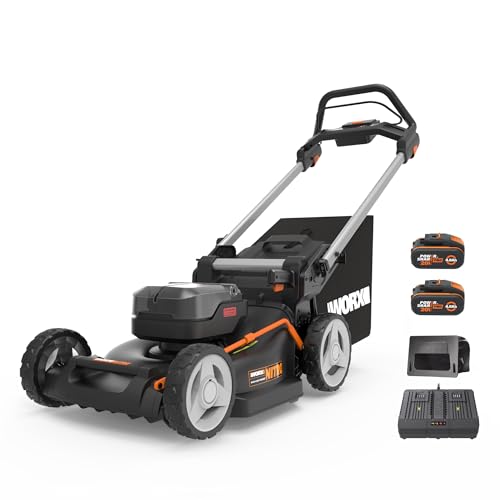 WORX WG748E NITRO Akku-Rasenmäher 40V(2x20V) - leistungsstarke bürstenloser Motor -46cm Schnittbreite - automatische Motorleistungsanpassung - 7 Schnitthöhenstufe - inkl. 2x4Ah Akkus & Dual-Ladengerät von WORX