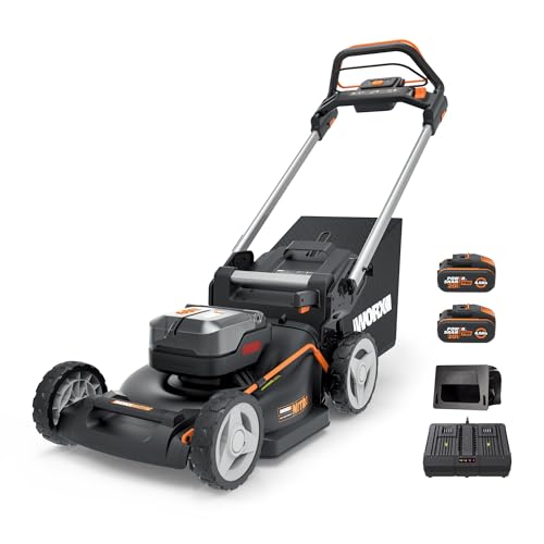 WORX WG749E Akku Rasenmäher 40V (2x20V) PowerShare, Radantrieb, Kraftvoller Bürstenloser Motor, 46cm Schnittbreite, 7 Schnitthöhen inkl. Akku und Ladegerät, Schwarz von WORX