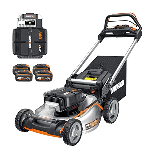 WORX WG761E Nitro Profi Akku Rasenmäher 80V (4x20V) - Kraftvoller Bürstenloser Motor - Radantrieb - 51cm Schnittbreite, 7 Schnitthöhen - Einhand-Schnitthöhenverstellung - mit 4x4Ah Akkus & Powerbank von WORX