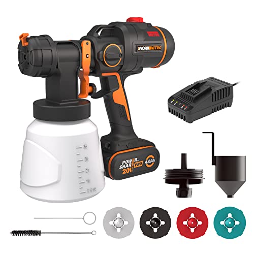 WORX WX020 Nitro Akku-Farbsprühsystem 20V - leistungsstark bürstenloser Motor - 3 Sprühform & 4 Düsengrößen - einfache Reinigung - gleichmäßiges Sprühen - inkl. 4Ah Akku & 2A Schnellladegerät von WORX