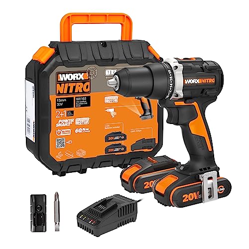 WORX WX102 NITRO Akku Bohrschrauber 20V - bürstenloser Akkuschrauber - 2-Gang-Getriebe und LED-Licht - Akkubohrer zum Bohren und Schrauben - mit 2 Li-Ion Akkus, Ladegerät und Koffer von WORX