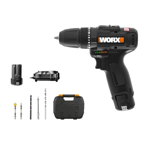 WORX WX121 Akku-Schlagbohrschrauber 12V – starke bürstenloser Akkubohrschrauber Set – 2-Gang-Getriebe bis zu 38Nm – leicht & kompakt – Leerlauf 0-450/0-1700 rpm – mit Akku, Ladegerät & Koffer von WORX