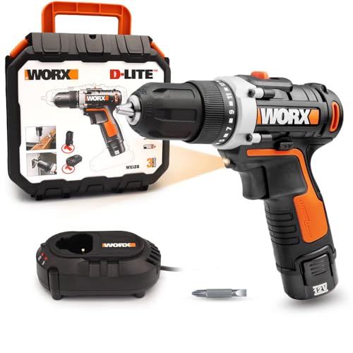 WORX WX128 Akkuschrauber 12V – Akkubohrschrauber Set zum Bohren und Schrauben – 2-Gang-Getriebe bis zu 25Nm – mit LED-Licht – Must-Have für Haushalt & Arbeit – mit Akku, Ladegerät & Koffer von WORX