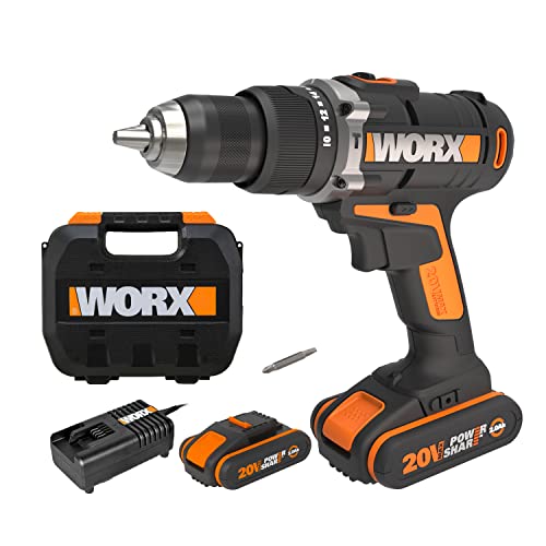 WORX WX372 Akku Schlagbohrschrauber Set mit 20V Schlagbohrschrauber, 2 Li-Ion Akkus, Schnell-Ladegerät, Doppelbit & Koffer / 50Nm, 2-Gang-Getriebe & LED-Licht - zum Schrauben, Bohren & Schlagbohren von WORX