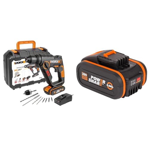 WORX WX390 Bohrhammer SDS-plus - 20V Bohrmaschine mit pneumatischem Hammerwerk & WA3553 Akku 20V – Wiederaufladbarer, leistungsstarker Akku von WORX