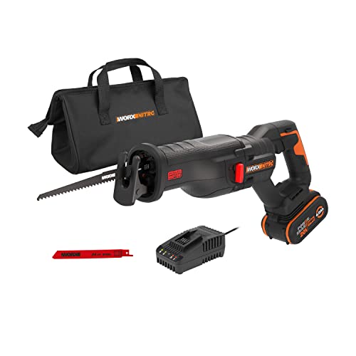 WORX WX516 NITRO Akku-Säbelsäge 20V - leistungsstark bürstenloser Motor - schneller Sägelblattwechsel - variable Schnittgeschwindigkeit - LED Licht - inkl. 4Ah Akku, Schnellladegerät & 2 Sägeblätte von WORX