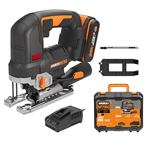 WORX NITRO WX542 Akku-Pendelhub-Stichsäge 20V - Bürstenloser Motor - Profi Stichsäge mit Absaug-Adapter - Ideal auch für Gehrungsschnitte - PowerShare kompatibel - mit Akku & Schnellladegerät, Schwarz von WORX