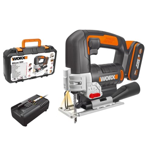 WORX WX543 Akku-Pendelhub-Stichsäge 20V Profi Stichsäge mit Absaug-Adapter Ideal auch für Gehrungsschnitte PowerShare kompatibel Schwarz von WORX