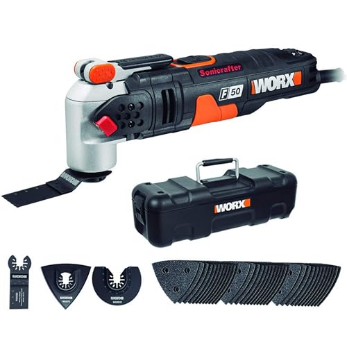 WORX WX681 Sonicrafter F50 Multifunktionswerkzeug 450w – zum Schneiden, Polieren, Schleifen uvm. – Multitools inkl. Adapter für Universalzubehör, 35mm Sägeblatt & 80mm HSS Sägeblatt halbrund von WORX