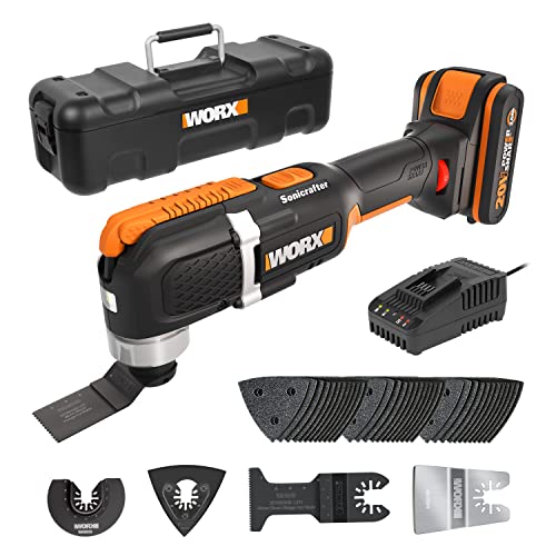 WORX WX696 20V Akku-Multifunktionswerkzeug – Elektrisches Werkzeug zum Schneiden, Sägen, Schleifen & mehr – Variable Drehzahlregelung – Ergonomisches Design – inkl. 20V 2Ah Akku, Ladegerät & Koffer von WORX