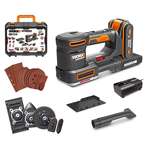 WORX WX820 Akku-Multischleifer – Schleifen ohne Staub – 5-in-1 Funktionen: Exzenter-, Fein-, Detail-, Konturen-, und Fingerschleifer – variable Geschwindigkeit – inkl. 2Ah Akku & Ladegerät von WORX