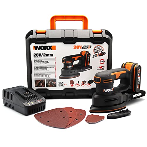 WORX WX822 Akku Detailschleifer 20V - Elektrische 20V Schleifmaschine für Holzmöbel, Türen, Ecken und Kanten - Schleifen mit Staubfangsack - PowerShare kompatibel - mit Akku & Ladegerät von WORX