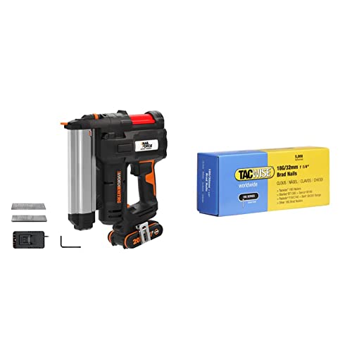 WORX WX840 NITRO NailForce Akku Nagler und Tacker 20V - 2-IN-1 Funktionen als Bolzensetzgerät & Schmalkronenhefter & TACWISE 0398 Stauchkopfnägel Brad Typ 18G / 32 mm, verzinkt, Silberfarbig von WORX