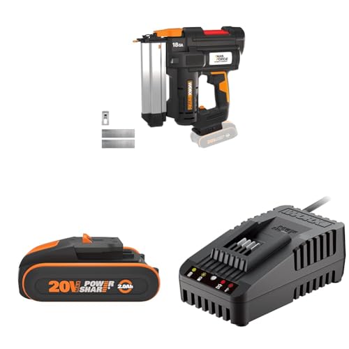 WORX WX842 NITRO 20V 18GA Akku-Brad-Nagler - 80 Nägeln/min Schießen - kabelloser Nagler mit Air-Impact-Technologie - Nagelpistole mit werkzeugfreier Verklemmungsauflösung - inkl. 2Ah Akku & Ladegerät von WORX