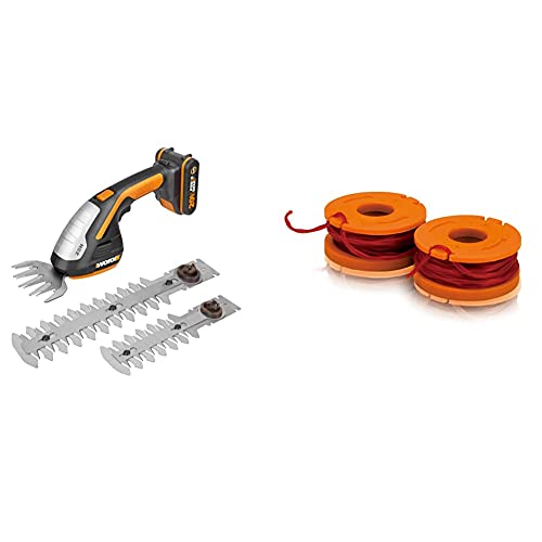 Worx 20V Gras- und Strauchschere WG801E mit Akku und Ladegerät, inkl. 3 Verschiedene Messer & WA0004.1 Rasentrimmer Faden für alle 20V WORX Rasentrimmer – Ø 1,65mm, 3m Länge – 2er Set von WORX