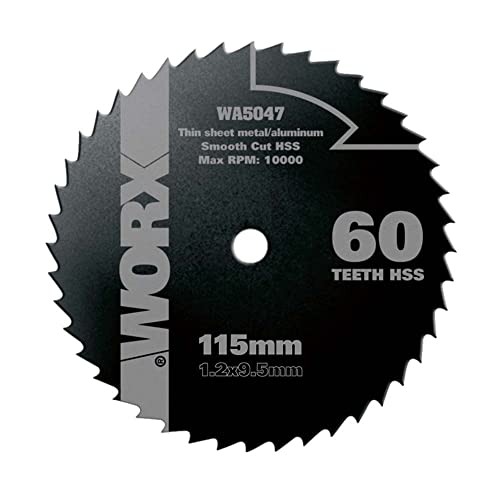 WORX WA5047 HSS Sägeblatt 115 mm – 60 Zähne – 115mm (Durchmesser) x 1,2mm x 9,5mm (Bohrung) – kompatibel für WORX Sägen WX427, WX429, WX439, WX531 von WORX