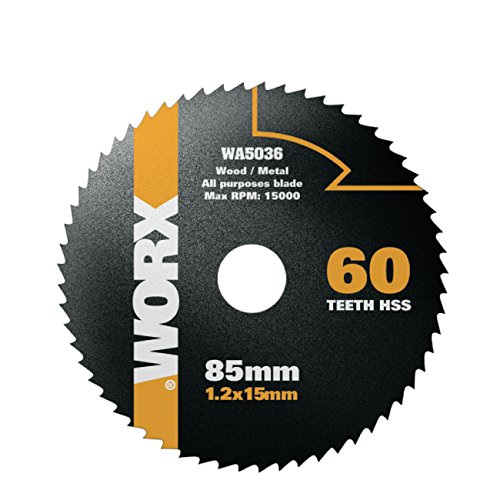 WORX WA5036 HSS Sägeblatt 85 mm - 60 Zähne - 85mm (Durchmesser) x 1,2mm x 15mm (Bohrung) - geeignet für Holz, PVC und Metall - kompatibel für WORX Sägen WX422, WX423, WX426, WX523, WX527 von WORX