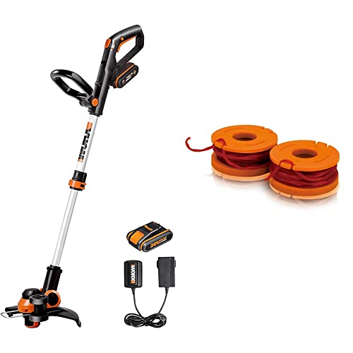 Worx Powershare 20V Li-Ion Akku-Rasentrimmer (2 Akkus), WG163E & WA0004.1 Rasentrimmer Faden für alle 20V WORX Rasentrimmer, Ø 1,65mm, 3m Länge – 2er Set von WORX