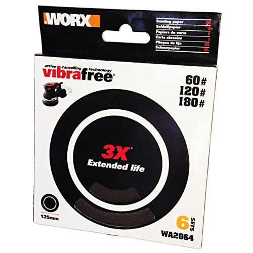 WORX WA2064 Schleifblatt-Set, für Exzenterschleifer Vibrafree Durchmesser 125 mm, kompatibel mit dem Worx Vibrafree WX655, Korn 60, 120 und 180, 6 Schleifblätter (je 2 Stk. Korn 60, 120, 180) von WORX