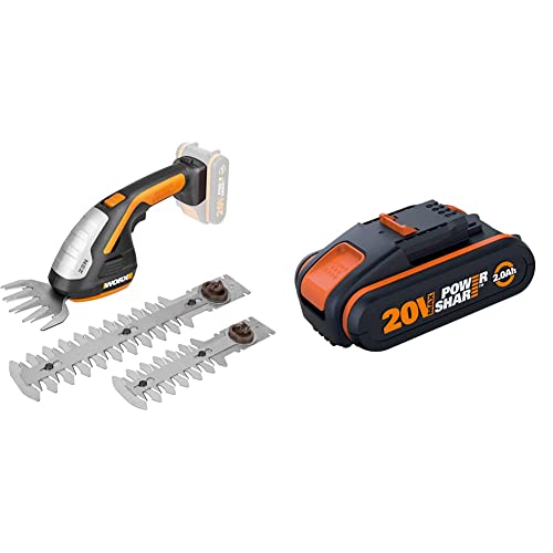 Worx WG801E.9 20V Gras- und Strauchschere WG801E inkl. 3 Verschiedene Messer, ohne Akku und Ladegerät & WA3551.1 PowerShare Akku 20V - 2000mAh Li-Ion, wiederaufladbarer, Akku für alle WORX Geräte von WORX