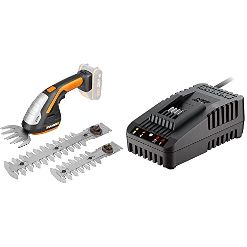 Worx WG801E.9 20V Gras- und Strauchschere WG801E inkl. 3 Verschiedene Messer, ohne Akku und Ladegerät & WA3880 Akku Ladestation – Akku Schnell-Ladegerät - universal für alle WORX PowerShare 20V Akkus von WORX