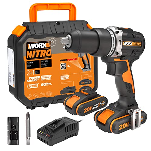 WORX NITRO WX352 Akku Schlagbohrschrauber Set 20V - bürstenloser Motor - zum Schrauben, Bohren und Schlagbohren - 60Nm - 2-Gang-Getriebe & LED-Licht - inkl. 2x20V 2Ah Akkus & 2A Schnellladegerät von WORX