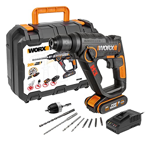 WORX WX390 Bohrhammer SDS-plus - 20V Bohrmaschine mit pneumatischem Hammerwerk zum Schrauben, Bohren und Hämmern – 1,2 Joule Schlagenergie – Mit 2,0Ah Li-Ion Akku, Ladegerät und Koffer von WORX