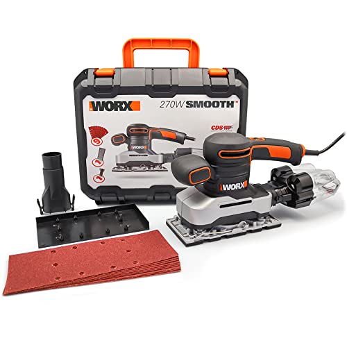 WORX WX642.1 Schwingschleifer 270W– Elektrisches Profi Schleifwerkzeug – Schleifen ohne Staub – Inkl. Schleifpapier & Koffer, Schwarz, Orange von WORX