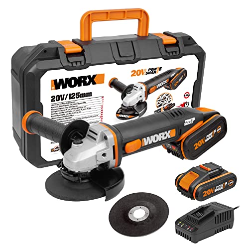 WORX WX803 Akku Winkelschleifer 20V -leicht mit Hilfsgriff - Leerlaufdrehzahl 8600/min - Scheibendurchmesser 125mm - Scheibewechsel ohne extra Werkzeug - mit 2 Akkus (2,0 & 4,0 Ah), Ladegerät & Koffer, Schwarz von WORX