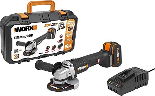 WORX WX813 NITRO 20V Akku-Winkelscheifer – leistungsstarke Flex mit Brushless Motor - mehr Leistung & Akkulaufzeit – Ø 115mm und 8500 u/min - schneller Scheibenwechsel - 4Ah Akku und Ladegerät von WORX