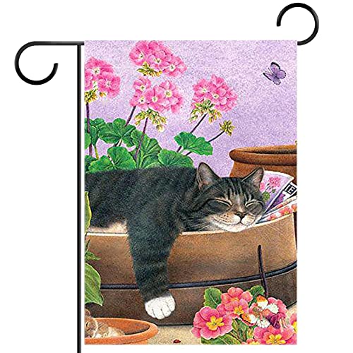 Gartenfahne Seasonal 12x18 Zoll,katze schläft blumen schmetterling,Outdoor-Flaggen, doppelseitige Haus-Yard-Dekor-Flagge von WOSHJIUK