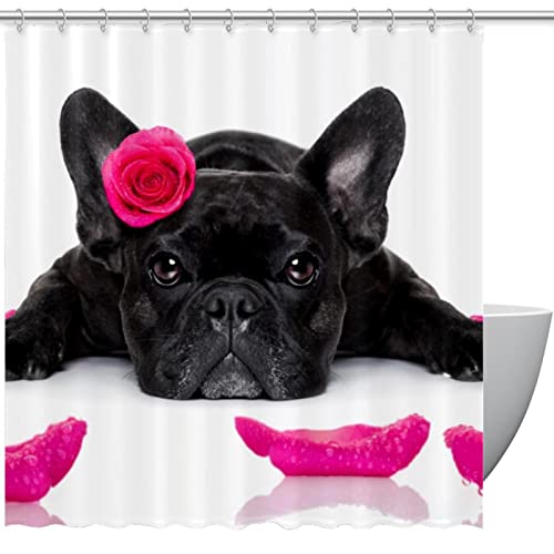 WOSHJIUK Duschvorhang Badezimmer Dusche und Badewanne,Hunde Französische Bulldogge Rosenblatt,Duschvorhang-Set mit Haken von WOSHJIUK