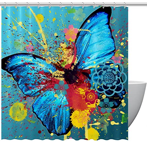 WOSHJIUK Duschvorhang Badezimmer Dusche und Badewanne,aquarell Blauer Schmetterling,Duschvorhang-Set mit Haken von WOSHJIUK