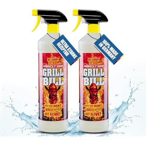 WOSHUP! Grill Bill – Grillreiniger in Industriequalität -1000 ml–für Gasgrill und Holzkohlegrill, Smoker und Backofen - Entfernt Eingebranntes Ruß Schmutz und Fett - Kaminscheibenreiniger (2x1 Liter) von WOSHUP!