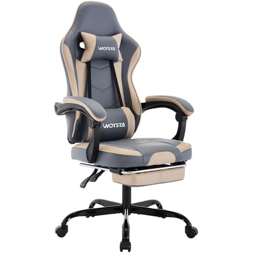 WOTSTA Gaming Chair Computerstuhl Ergonomischer Gaming Stuhl mit Fußstütze Bürostuhl Ergonomischer Computerstuhl mit Lendenwirbelstütze BlauBeige von WOTSTA