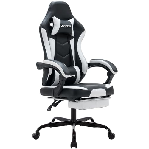 WOTSTA Gaming Chair Computerstuhl Ergonomischer Gaming Stuhl mit Fußstütze Bürostuhl Ergonomischer Computerstuhl mit Lendenwirbelstütze SchwarzWeiß von WOTSTA