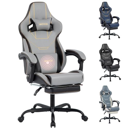 WOTSTA Gaming Stuhl Ergonomisch Gaming Chair Bürostuhl mit Fußstütze Racing Computerstuhl Höhenverstellbar Gepolstert Computerstuhl Lendenwirbelstütze Grauschwarz von WOTSTA