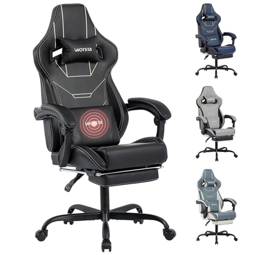 WOTSTA Gaming Stuhl Ergonomisch Gaming Chair Bürostuhl mit Fußstütze Racing Computerstuhl Höhenverstellbar Gepolstert Computerstuhl Lendenwirbelstütze Schwarz von WOTSTA